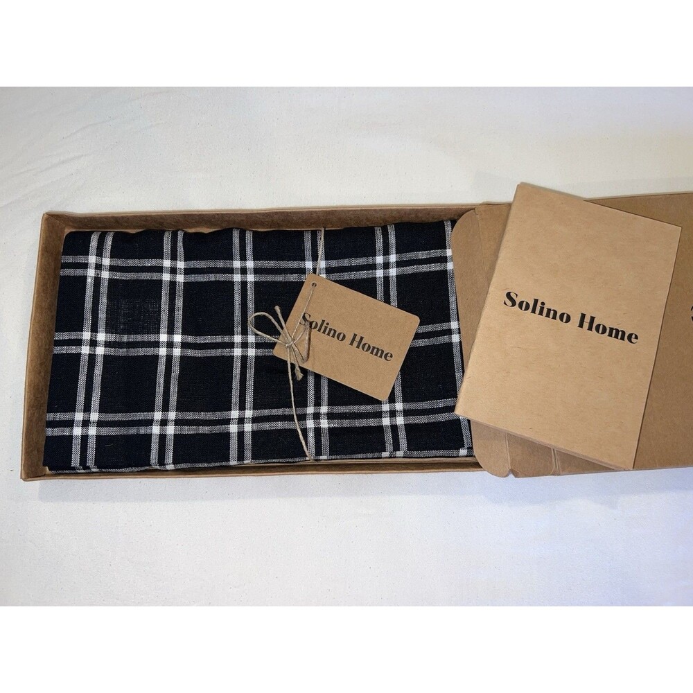 Solino Home Marseille Plaid Black  Table Runner 14 x 108 Inch – 100% Pure Linen